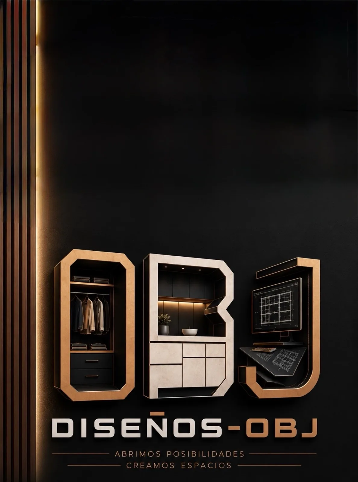 Composición de marca de Diseños-OBJ: las letras O, B y J convertidas en armario, mueble de cocina y puesto de diseño